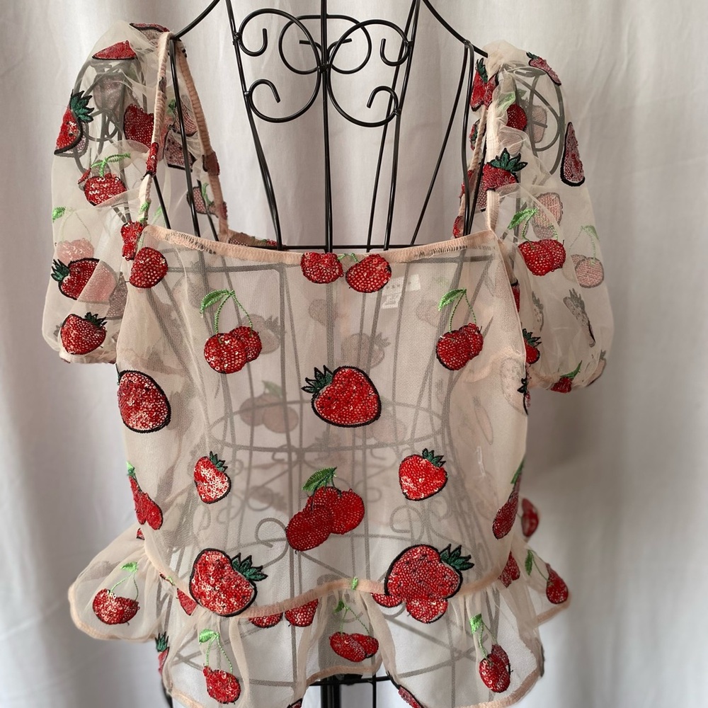 Topshop Sheer Blouse with Red Strawberry Embroidery